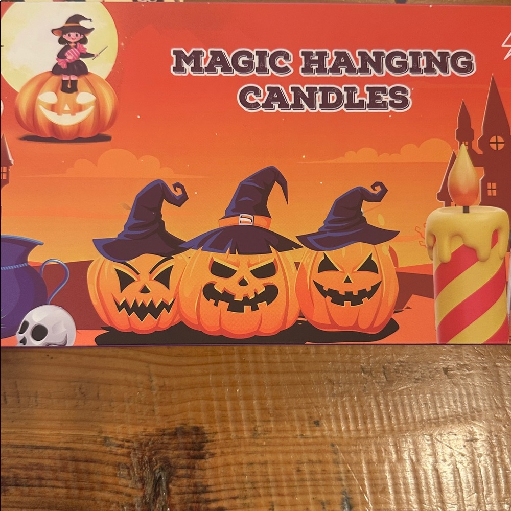 Magic hanging candles.  Includes Halloween Sticker Sheet with Spooky Designs